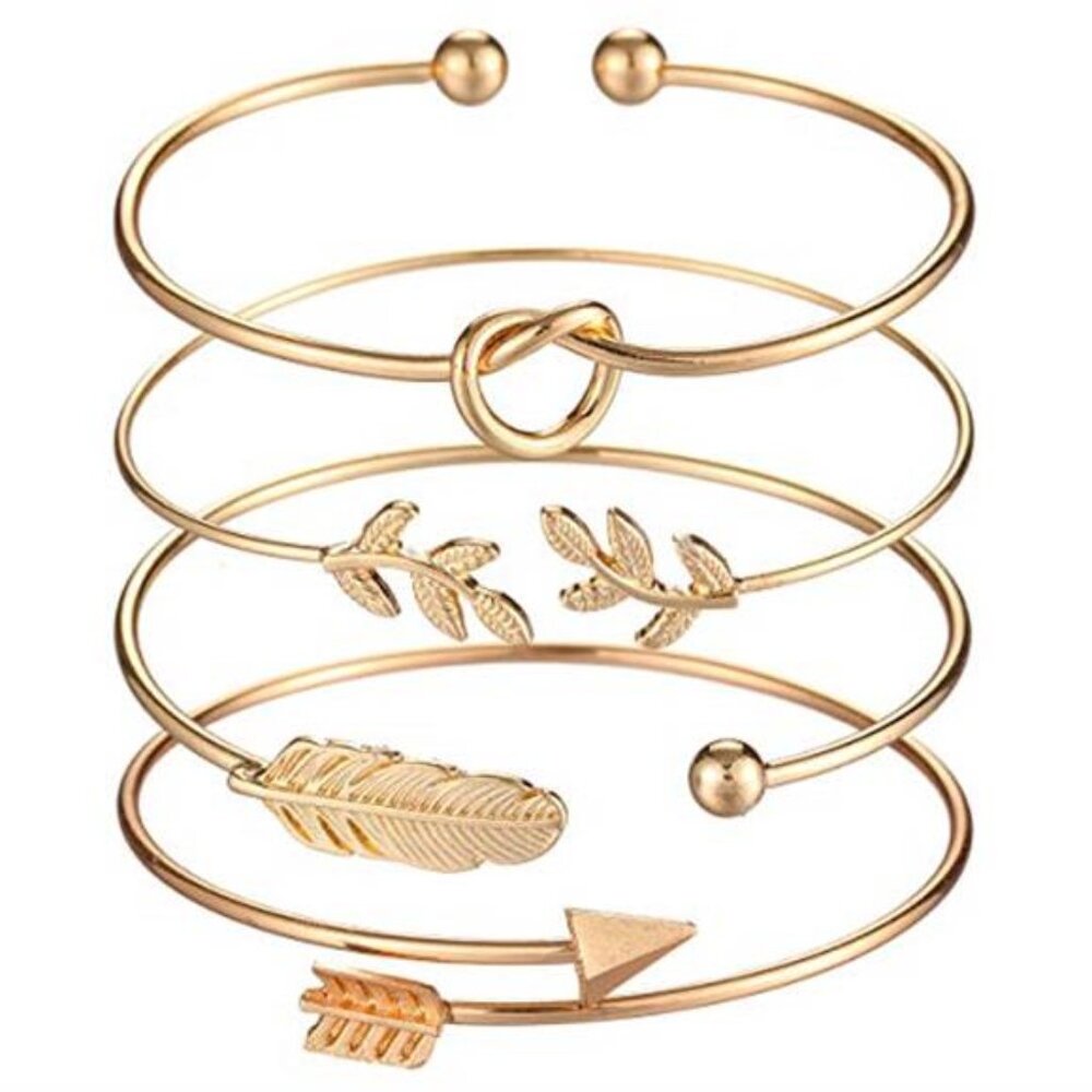 Rose Gold Bangle Metal Bracelet Set Adjustable Cuff Leaf Arrow Heart Feather